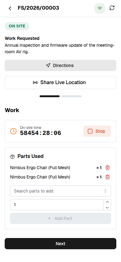 Fullfinity for Field Service — the technician's job on a phone, offline-ready