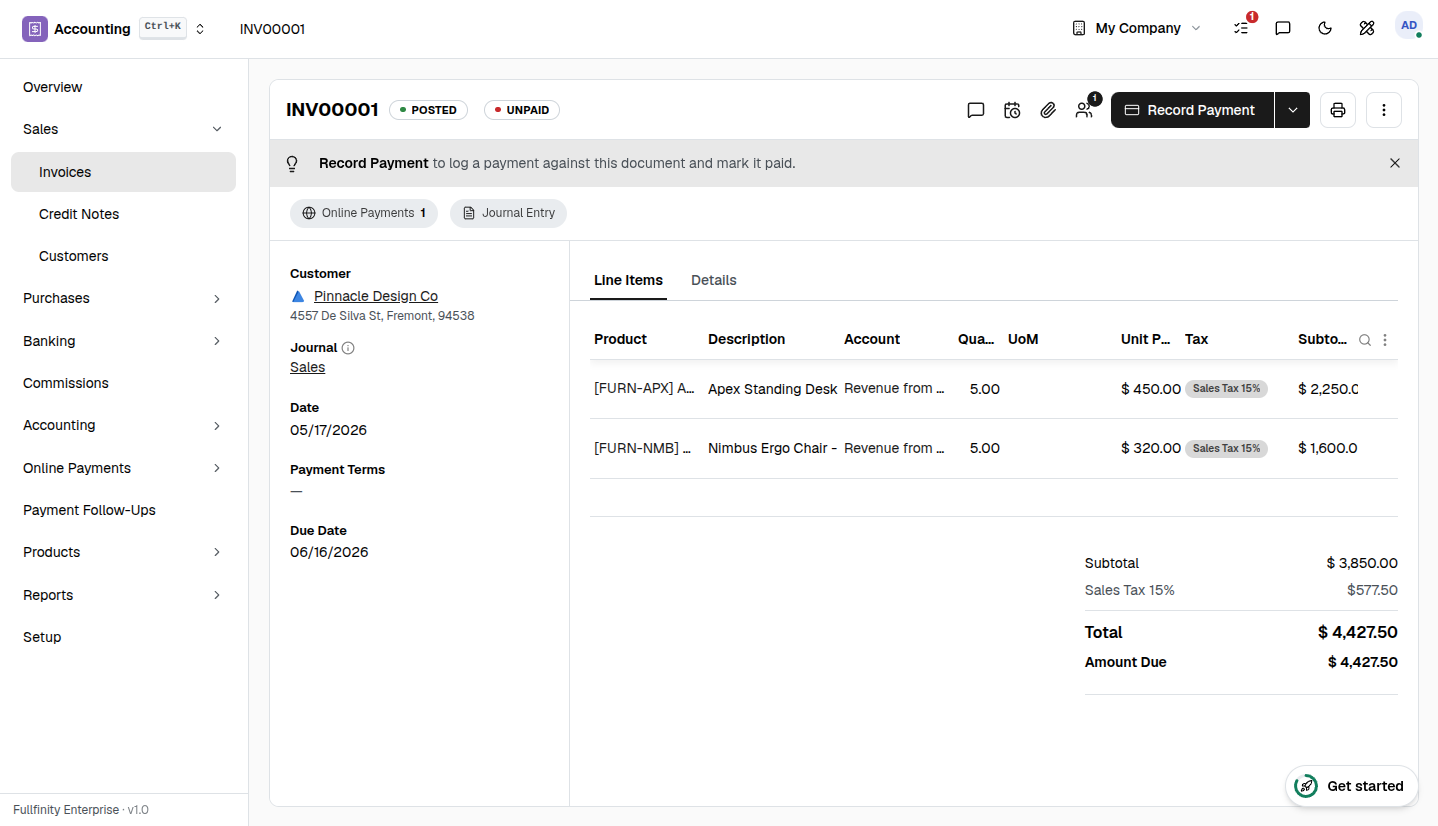 Fullfinity Invoicing — customer invoices with payment status
