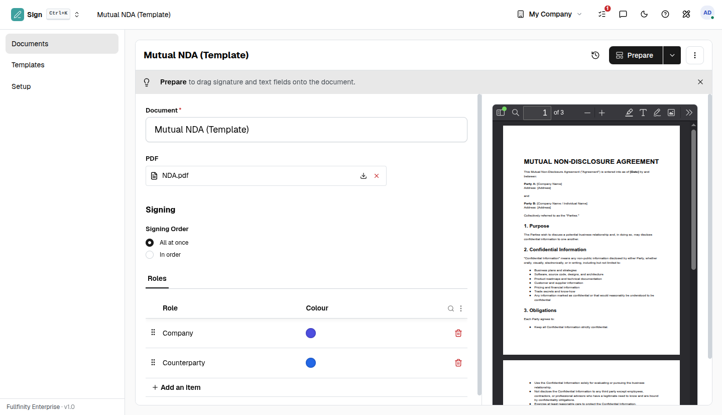 Fullfinity Sign — signature requests with signers, status and progress